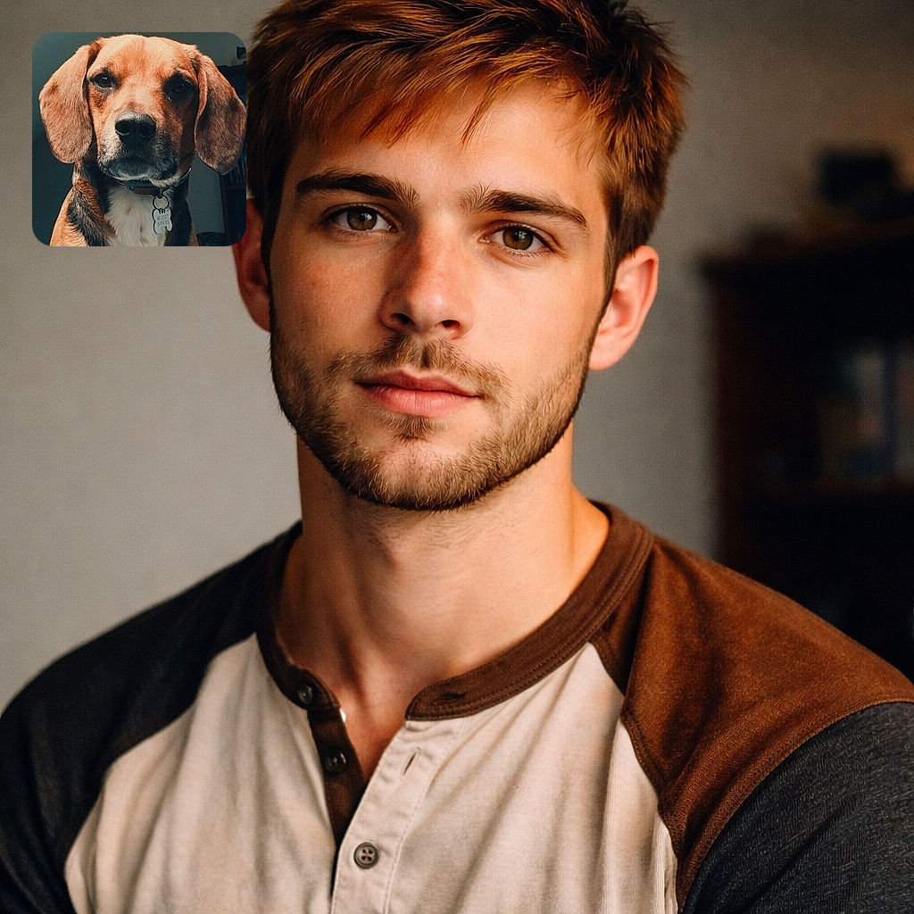 A close-up portrait of a soulful dog with expressive eyes and a bone-shaped tag, looking like it's pondering the mysteries of the universe or just waiting for a treat.
