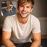 A cheerful little Yorkshire terrier sits in the doorway like a tiny, furry doorman — tongue out, ears perked, clearly ready to greet (or demand) treats with dramatic enthusiasm.