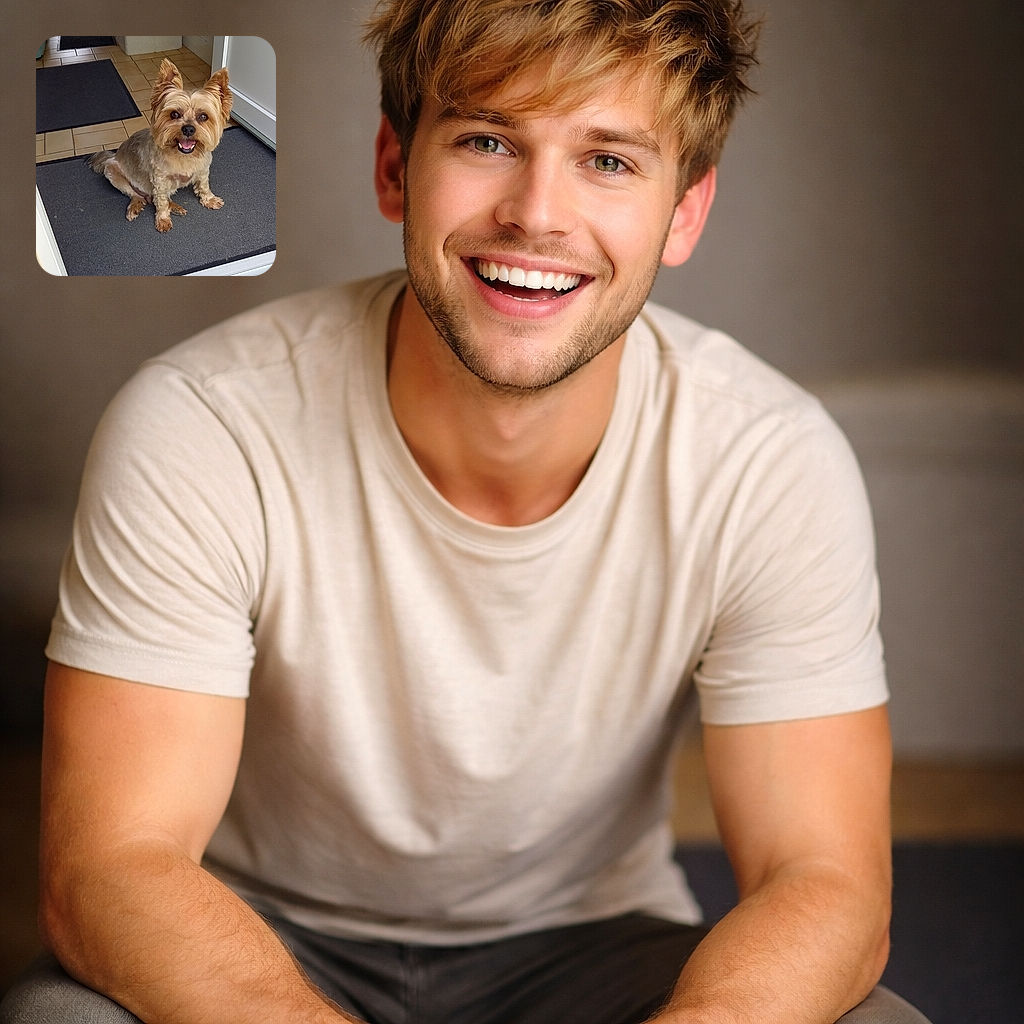 A cheerful little Yorkshire terrier sits in the doorway like a tiny, furry doorman — tongue out, ears perked, clearly ready to greet (or demand) treats with dramatic enthusiasm.