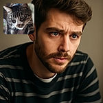 A close-up photo of a curious tabby cat with striking blue-green eyes and detailed whiskers, focused intently on something off-camera. The background is softly blurred, highlighting the cat's expressive face and textured fur.