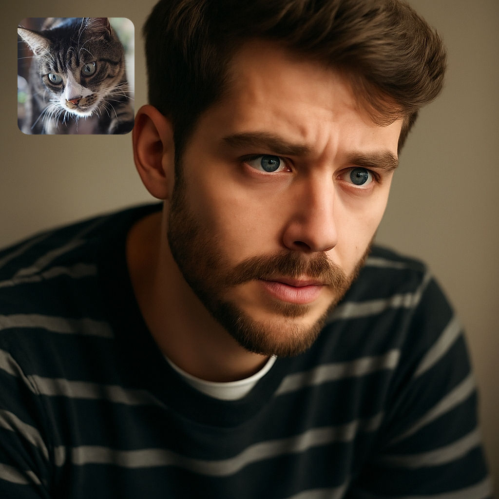 A close-up photo of a curious tabby cat with striking blue-green eyes and detailed whiskers, focused intently on something off-camera. The background is softly blurred, highlighting the cat's expressive face and textured fur.