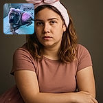 A charming dog lounges on a cozy bed, sporting a fluffy pink bunny ear headband and a sparkly pink tutu, looking adorably patient and slightly puzzled as if wondering why it agreed to this fashion show.