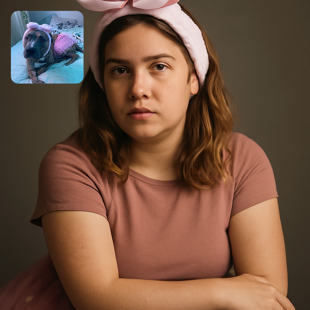 A charming dog lounges on a cozy bed, sporting a fluffy pink bunny ear headband and a sparkly pink tutu, looking adorably patient and slightly puzzled as if wondering why it agreed to this fashion show.
