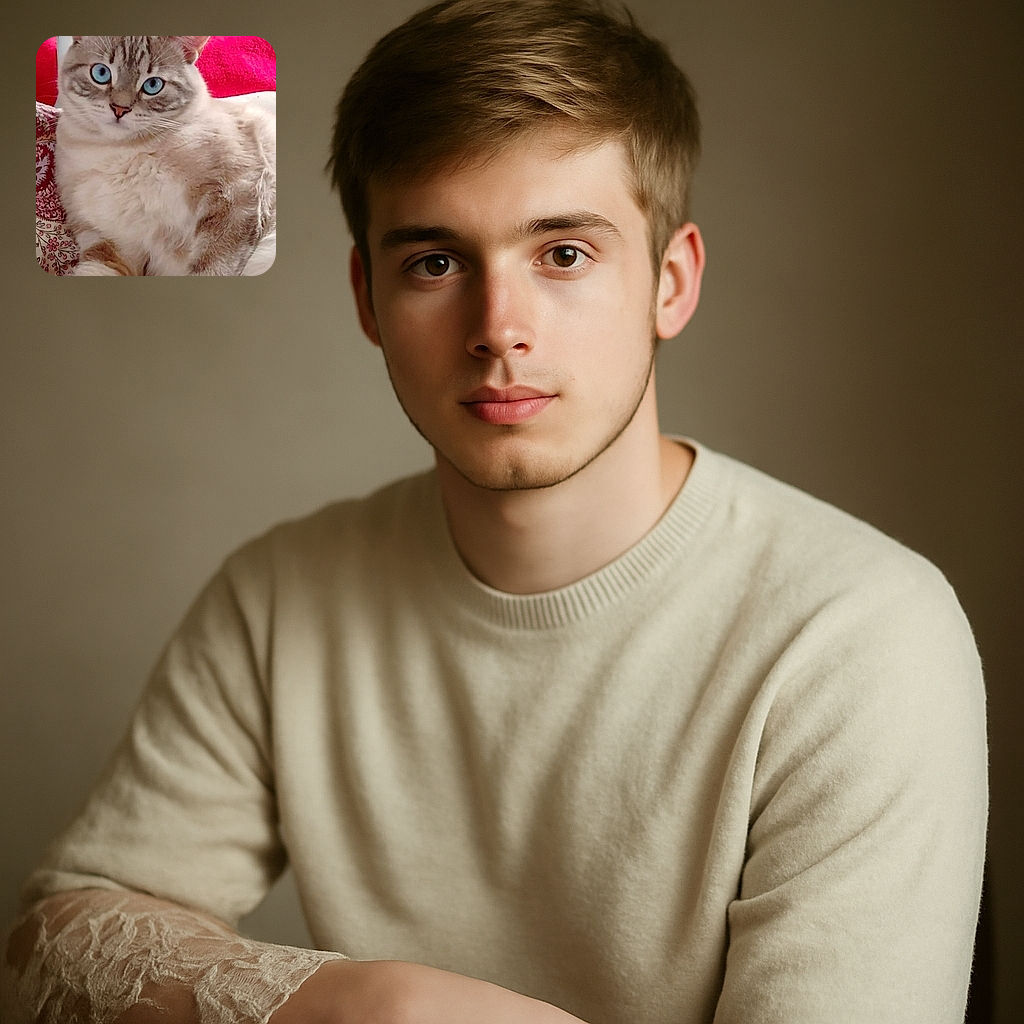A fluffy cat with striking blue eyes lounges comfortably on a patterned pink and red fabric, looking directly at the camera with an expression that says, 'Yes, I am the ruler of this couch.'