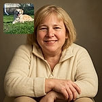 A happy golden retriever mix lounges on a green lawn in front of a house with beige siding and a downspout, basking in the warm sunlight with its tongue out, looking like the ultimate chill pup enjoying a sunny day.