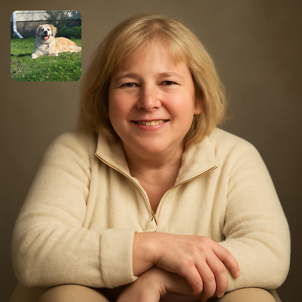 A happy golden retriever mix lounges on a green lawn in front of a house with beige siding and a downspout, basking in the warm sunlight with its tongue out, looking like the ultimate chill pup enjoying a sunny day.