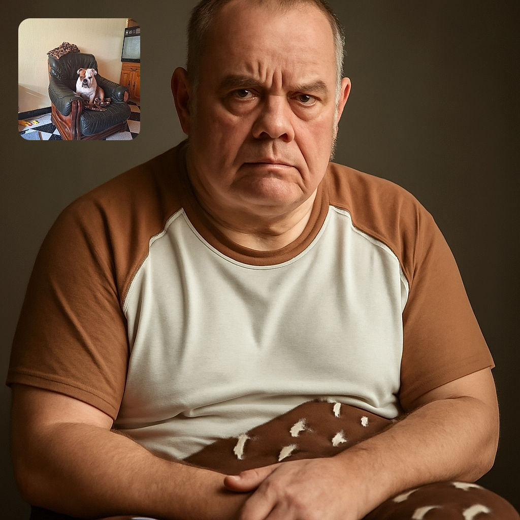 A grumpy-looking bulldog sits sternly on a worn leather armchair with a wooden frame, surrounded by a cozy room with checkered flooring and some scattered toys, looking like the boss of the house who just caught you sneaking snacks.