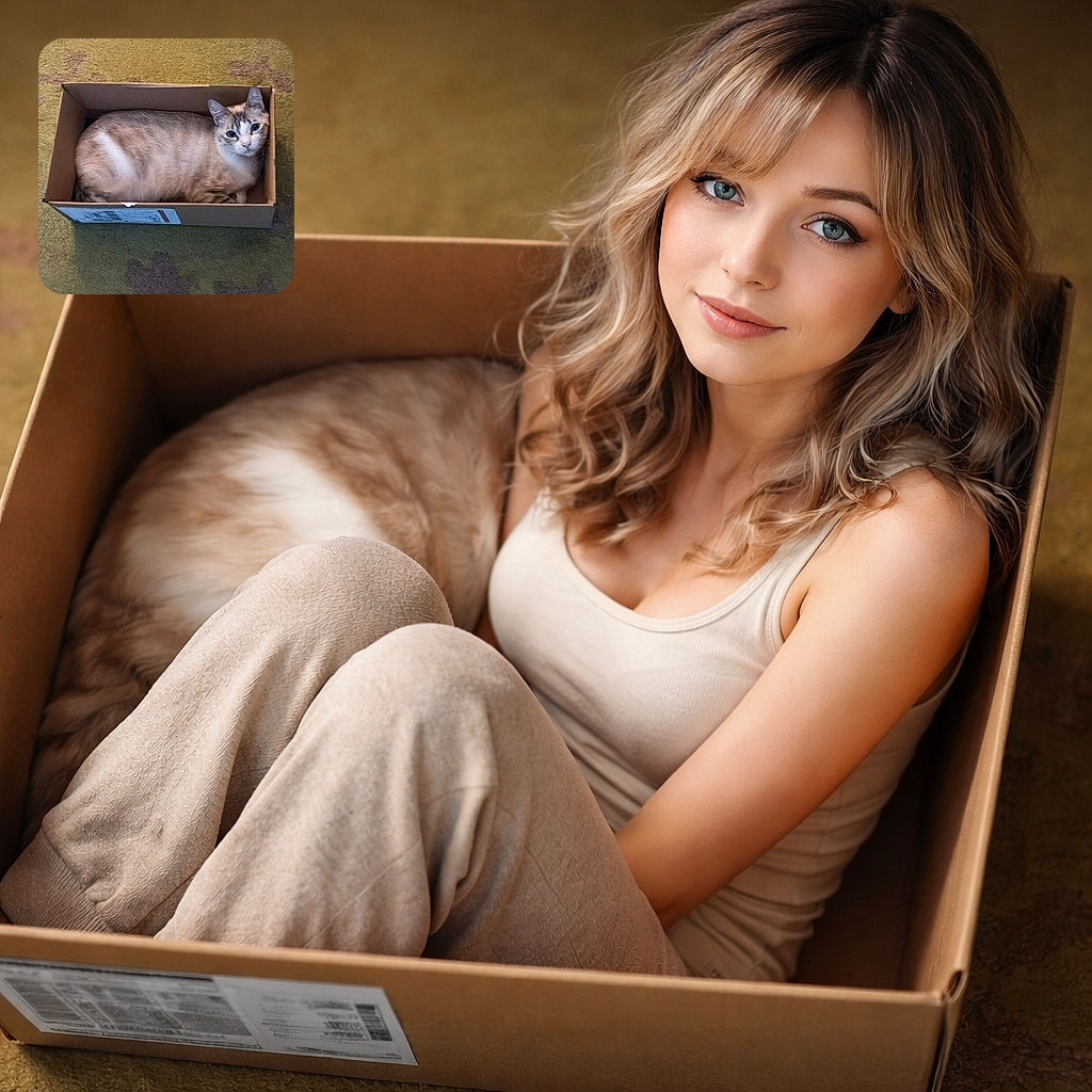 A cozy cat snugly fits itself inside a small cardboard box, looking up with curious eyes. The box sits on a greenish carpet with some indistinct patterns, perfectly capturing the classic cat-in-a-box moment.