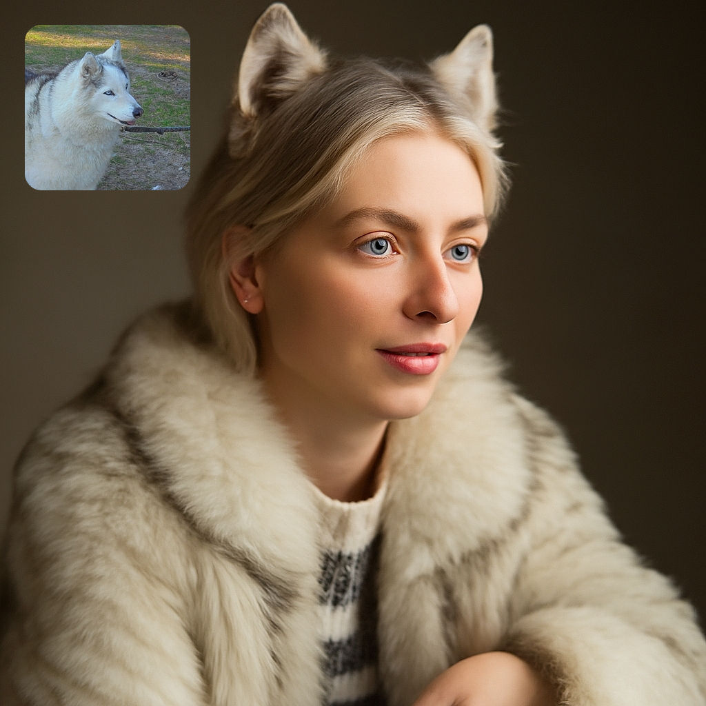 A fluffy husky dog with striking blue eyes stands outdoors on a leash, looking off to the side with its tongue slightly out, surrounded by a grassy and earthy ground.