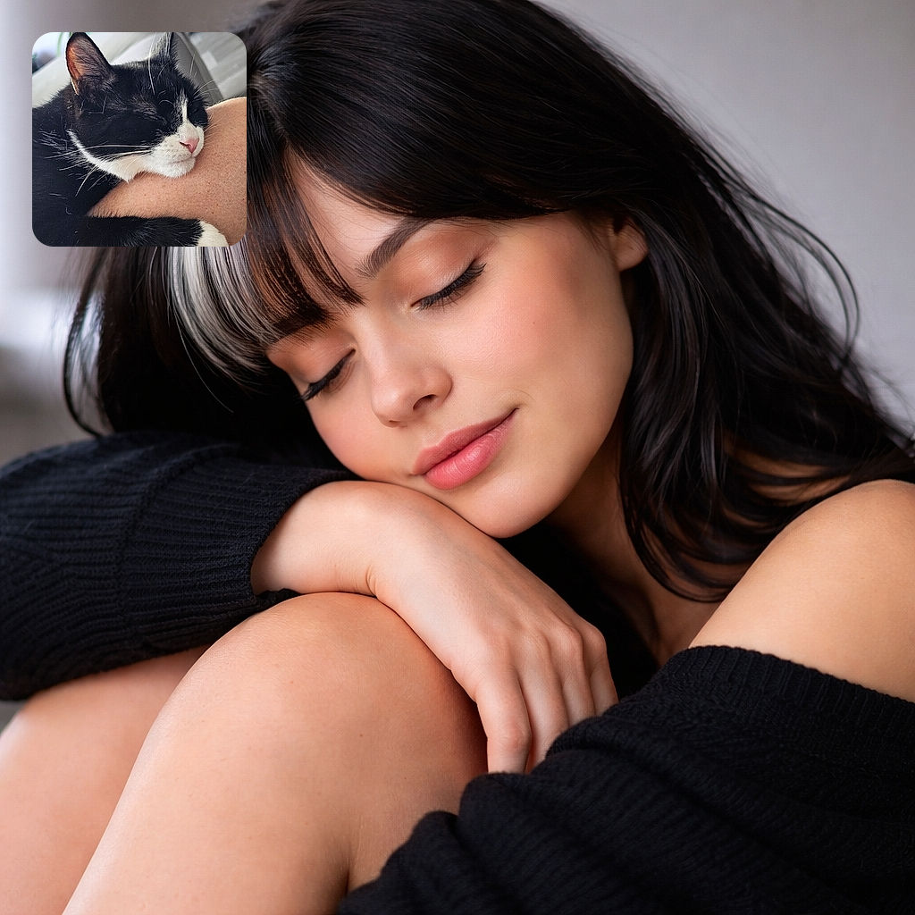 A peaceful black and white cat is snoozing comfortably with its head resting on a person's knee, radiating pure relaxation and trust in a cozy indoor setting.