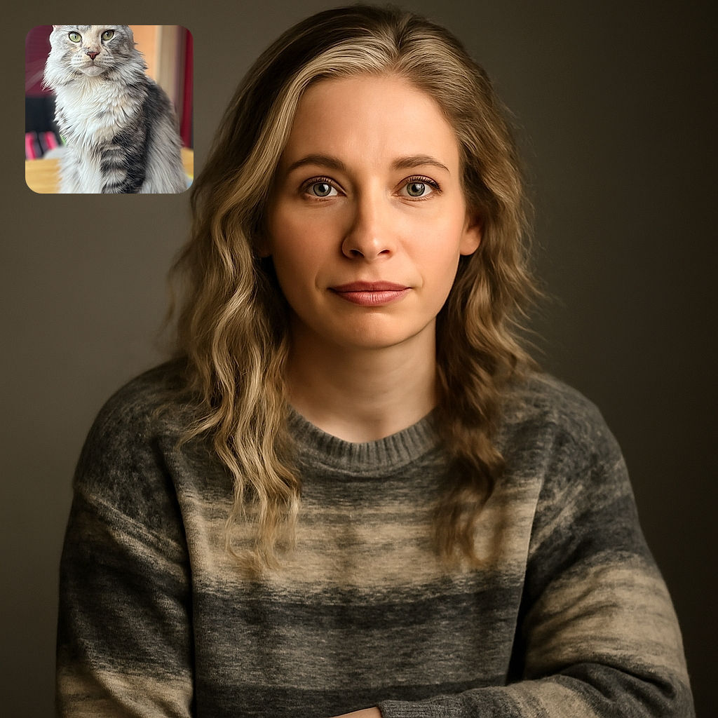 A majestic fluffy cat sits proudly on the edge of a wooden table, its fur beautifully ruffled and eyes staring intently, giving off a regal vibe in a softly blurred indoor setting.