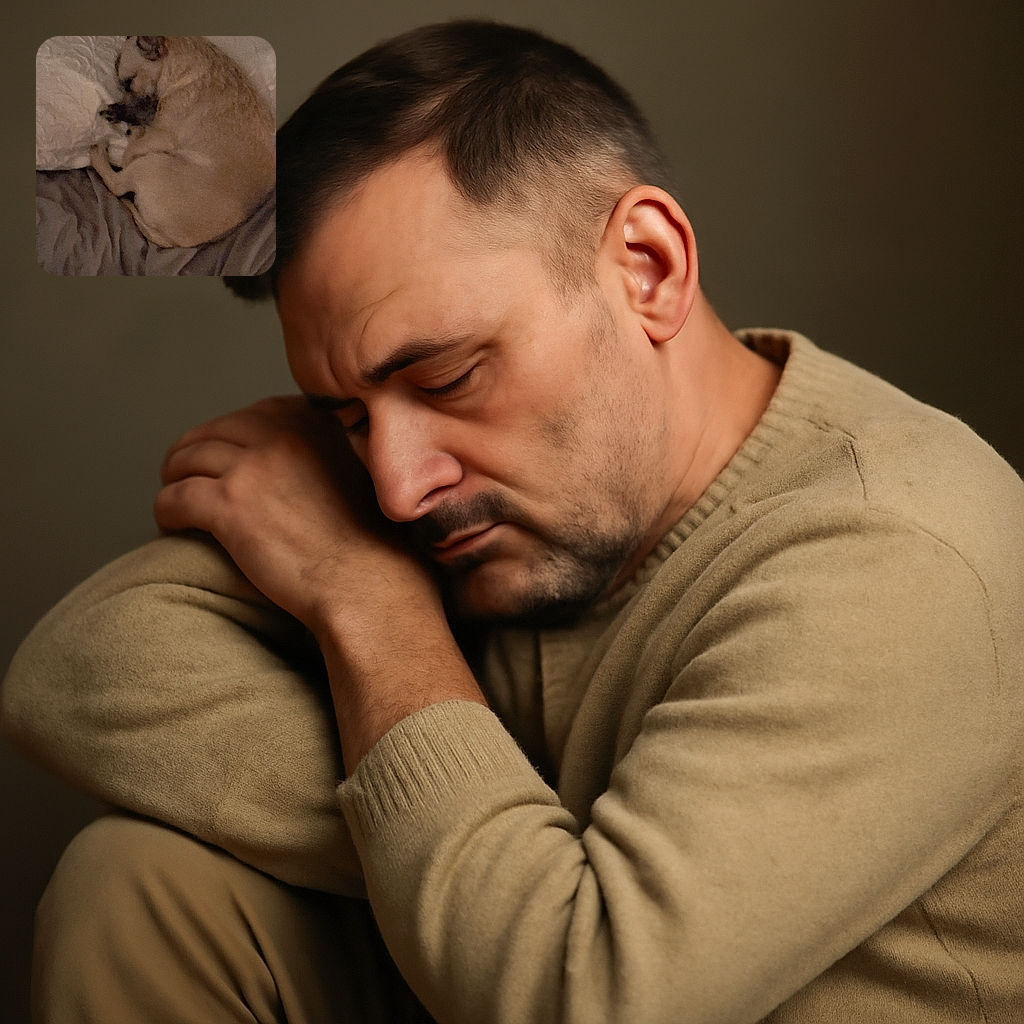 A cozy dog curled up on a bed, resting its head on a white pillow with soft blankets around. The image is a bit grainy and dim, capturing a peaceful sleepy moment.