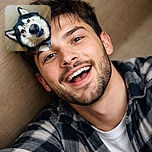 A close-up photo of a happy husky dog lying on a wooden floor, looking up with bright eyes and a slightly open mouth that seems to smile, capturing a candid and heartwarming moment.