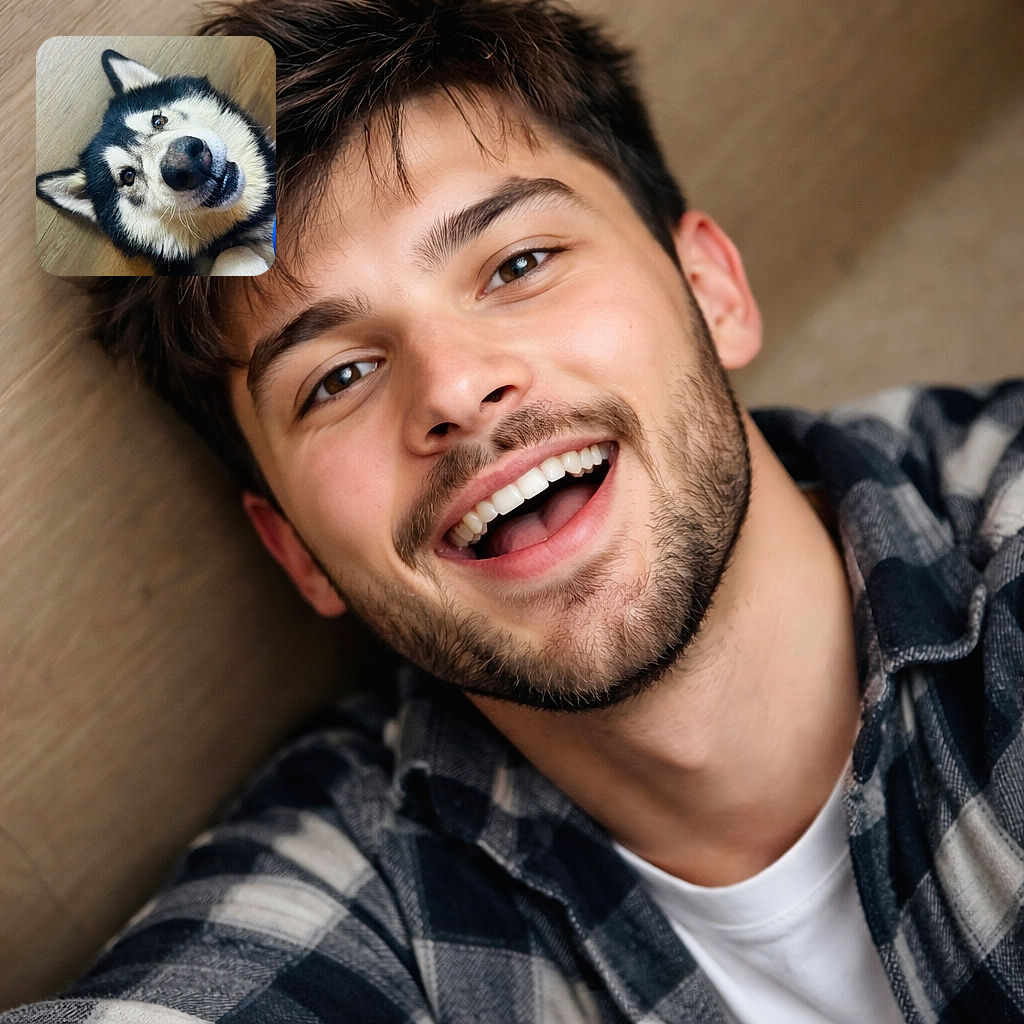 A close-up photo of a happy husky dog lying on a wooden floor, looking up with bright eyes and a slightly open mouth that seems to smile, capturing a candid and heartwarming moment.