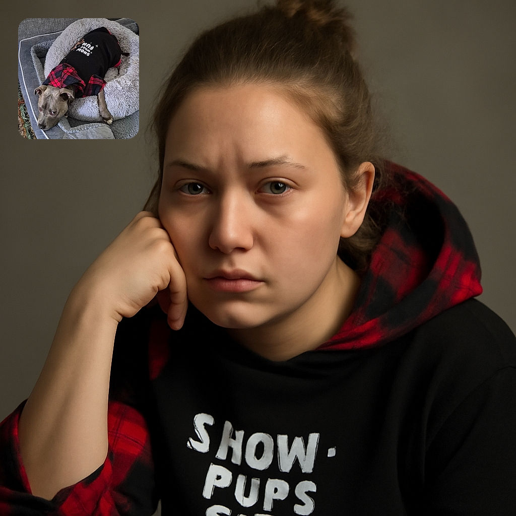 A cozy dog is lounging in a fluffy gray bed, wearing a cute black and red plaid outfit that says 'Snow What Fun!' The dog looks relaxed and slightly amused, surrounded by soft textures and a colorful rug on a wooden floor.