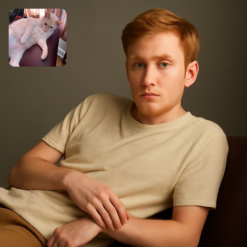 A fluffy cream-colored cat lounges lazily on a maroon leather chair, gazing off to the side with curious blue eyes, while soft natural light filters through peach curtains in the background.