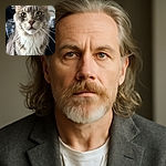 A majestic close-up of a fluffy cat with striking green eyes and long white whiskers, looking thoughtfully into the camera with a soft background blur that highlights its regal fur and gentle expression.