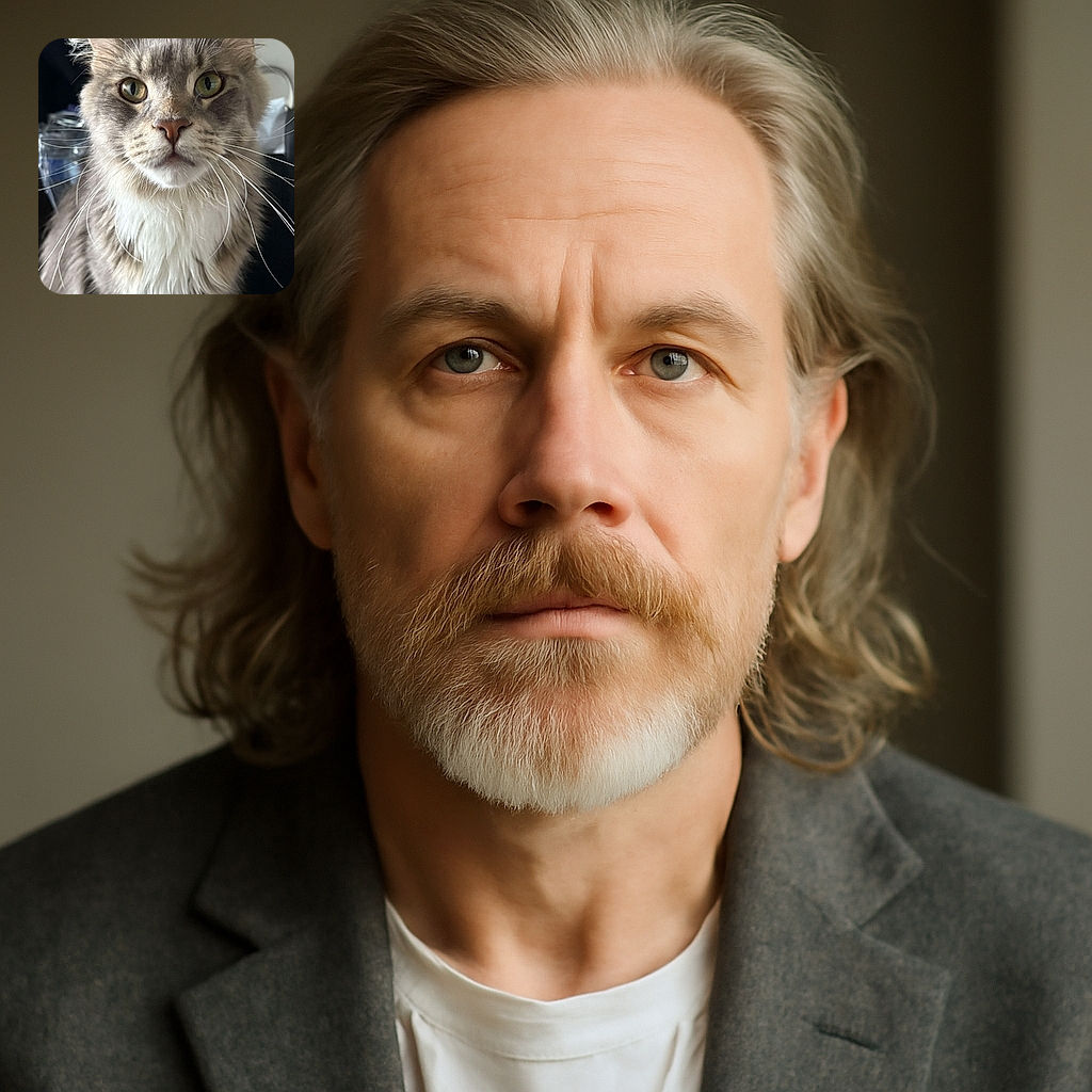 A majestic close-up of a fluffy cat with striking green eyes and long white whiskers, looking thoughtfully into the camera with a soft background blur that highlights its regal fur and gentle expression.