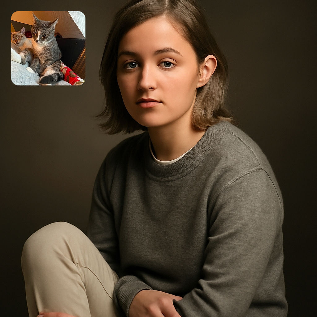 Two cats are chilling on a cozy blanket, one looking relaxed and sleepy while the other seems to be deep in thought, all wrapped up in a warm, homely corner with soft lighting and a splash of colorful fabric.