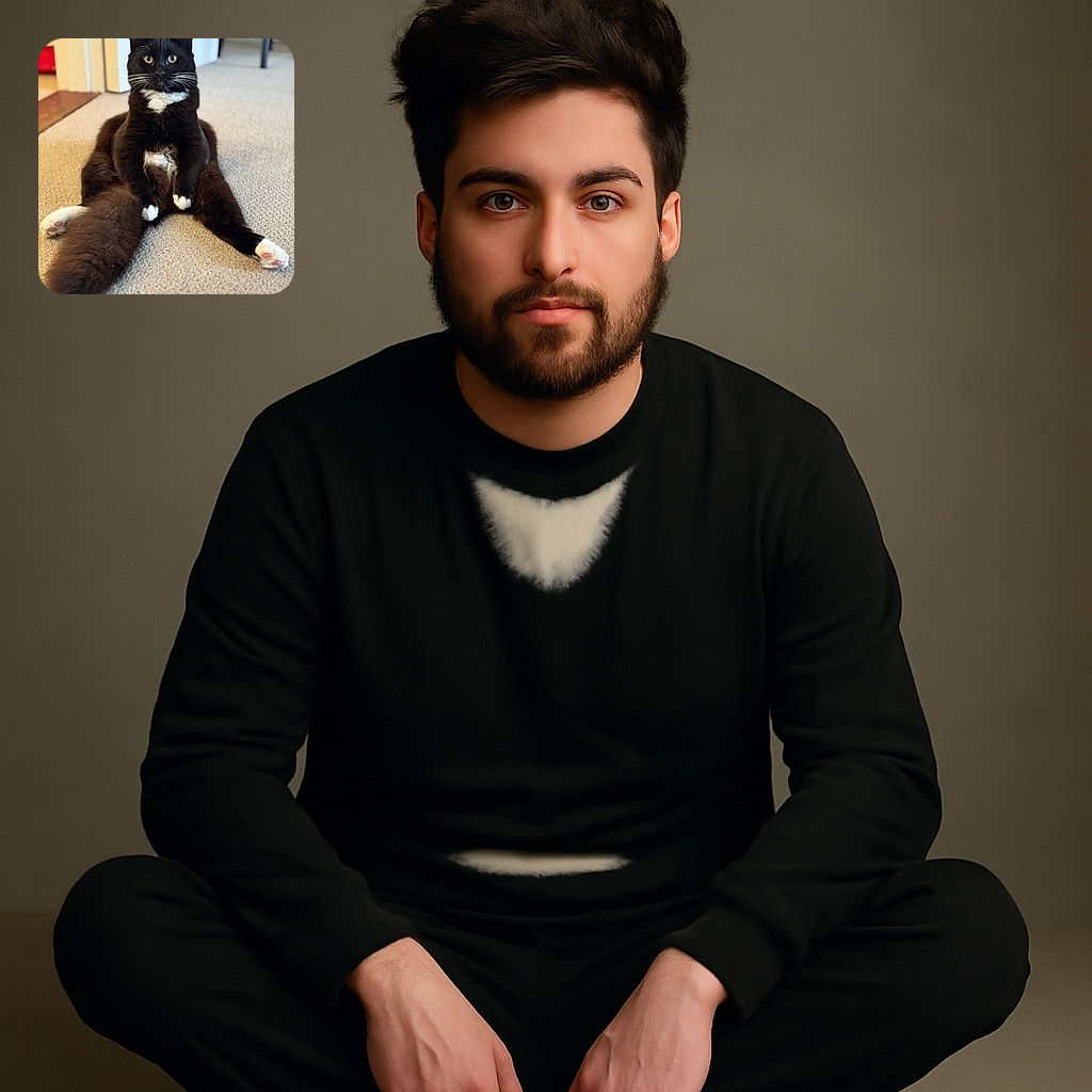 A fluffy black and white cat is sitting upright on a carpet with its legs spread out, looking directly at the camera with a curious and slightly surprised expression, as if caught in a very candid and silly moment.
