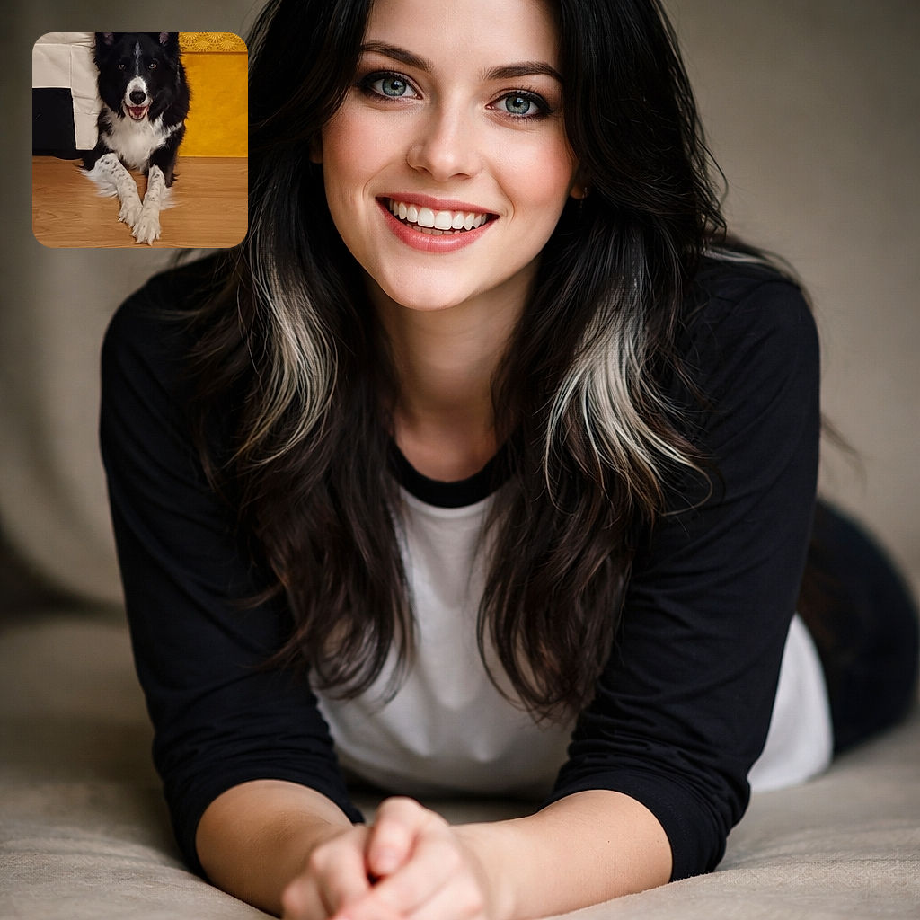 A happy black and white dog is lying on a wooden floor with its front paws crossed, looking straight at the camera with a joyful expression. Behind it, a cream-colored couch and a bright yellow textured cushion add a cozy and colorful background.