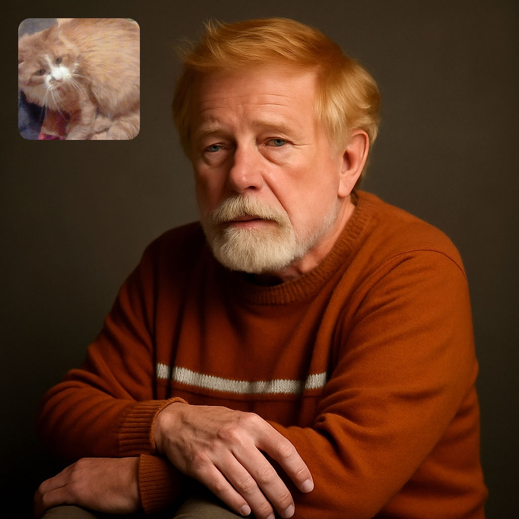 A blurry orange and white cat curled up on a soft surface, looking slightly towards the camera with indistinct surroundings.