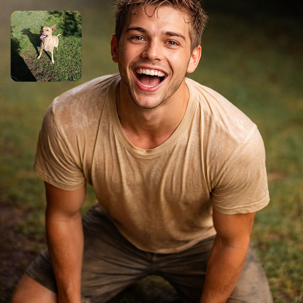 A happy dog stands on a grassy lawn, looking up eagerly with its mouth open as if ready to play fetch. The dog's shadow is cast clearly on the grass, and the sunlight highlights its wet fur. The surrounding grass is lush and green with patches of dirt.