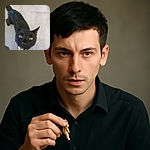 A close-up shot of a black cat with striking yellow eyes eagerly nibbling on a piece of food held by a human hand, set against a neutral tiled floor background. The cat's face is slightly blurred, adding a dynamic sense of motion and hunger.