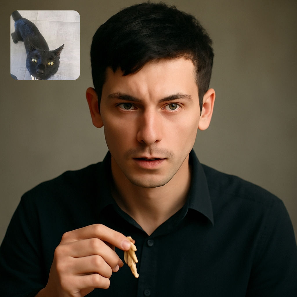 A close-up shot of a black cat with striking yellow eyes eagerly nibbling on a piece of food held by a human hand, set against a neutral tiled floor background. The cat's face is slightly blurred, adding a dynamic sense of motion and hunger.