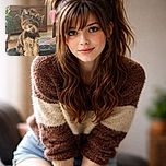 A charming small dog with fluffy fur and adorable top knots sits attentively on a black leather couch, surrounded by cozy home decor including a wooden cabinet, a leafy plant, and a pink-covered chair, basking in soft natural light.