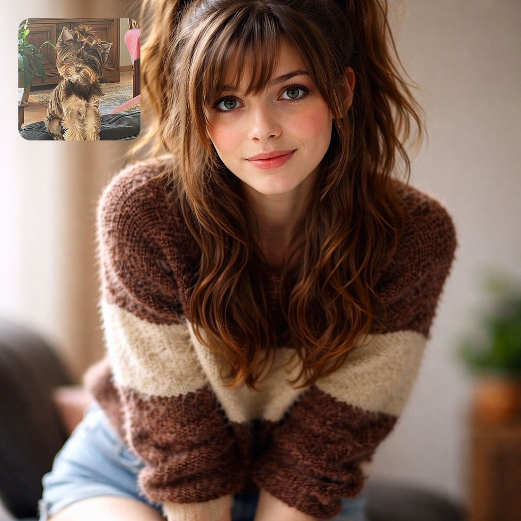 A charming small dog with fluffy fur and adorable top knots sits attentively on a black leather couch, surrounded by cozy home decor including a wooden cabinet, a leafy plant, and a pink-covered chair, basking in soft natural light.