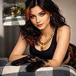 A regal tortoiseshell cat lounges on a checkered blanket, sporting a shiny gold chain that screams feline bling. The background is softly blurred, putting all the spotlight on this stylish kitty with piercing yellow eyes, looking like the boss of the living room.