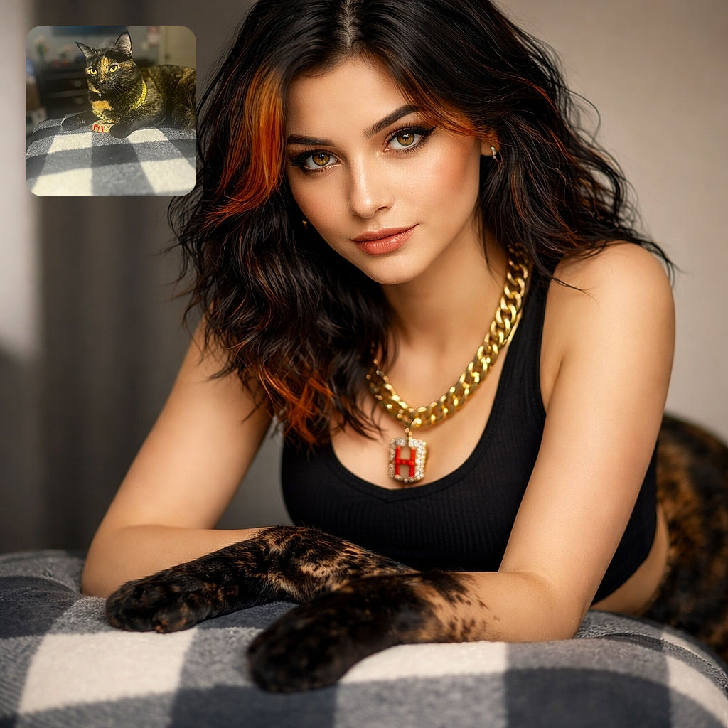 A regal tortoiseshell cat lounges on a checkered blanket, sporting a shiny gold chain that screams feline bling. The background is softly blurred, putting all the spotlight on this stylish kitty with piercing yellow eyes, looking like the boss of the living room.