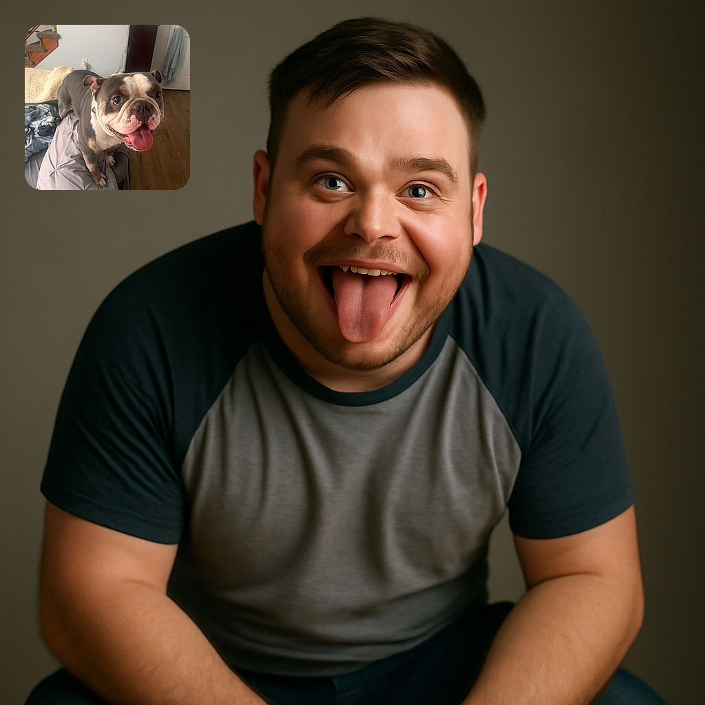 A cheerful bulldog stands on a bed covered with cozy blankets and pillows, tongue out and eyes wide, ready for some fun or maybe a treat. The background shows a lived-in room with stairs, a cabinet, and some household items, giving a warm, homey vibe.