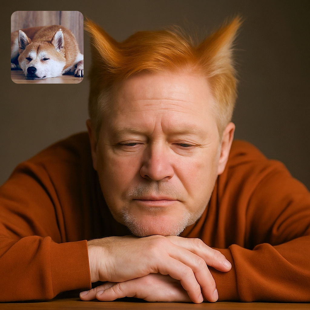 A fluffy dog is enjoying a peaceful nap on a wooden floor, looking like the ultimate master of relaxation with eyes half-closed and ears perked up just enough to dream of treats.