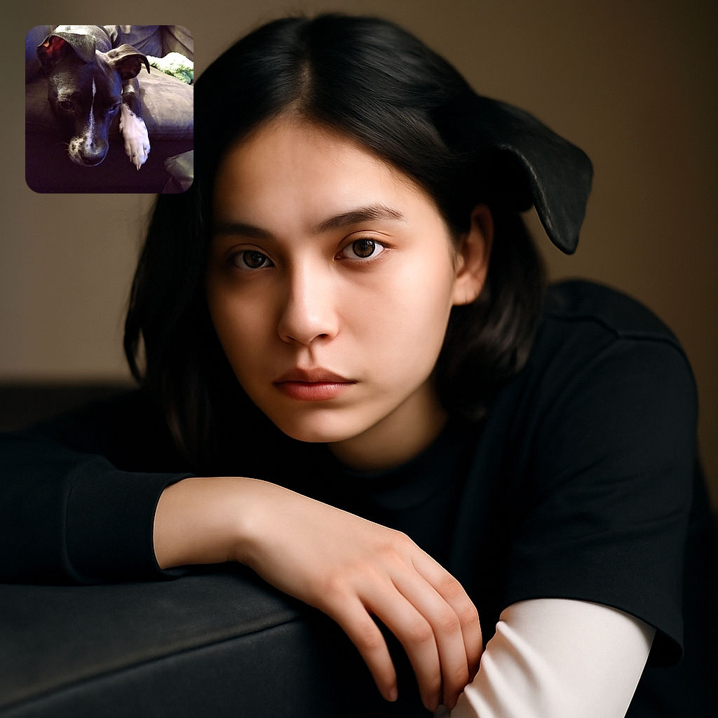 A cozy dog lounges on a couch, its head resting on the edge with one paw stretched out, looking relaxed and a bit contemplative in soft indoor lighting.