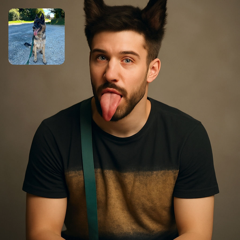 A handsome German Shepherd sitting obediently on a gravel path with its tongue playfully hanging out, leash in tow, surrounded by a sunlit backdrop of green trees and a winding road.