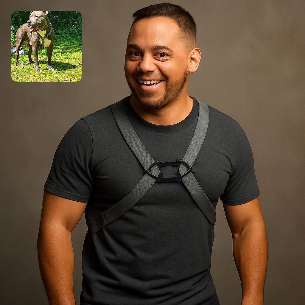 A handsome dog wearing a harness stands proudly on a sunlit patch of grass, tongue out and ears perked, with lush green foliage in the background. The dog looks alert and happy, enjoying a bright day outdoors.