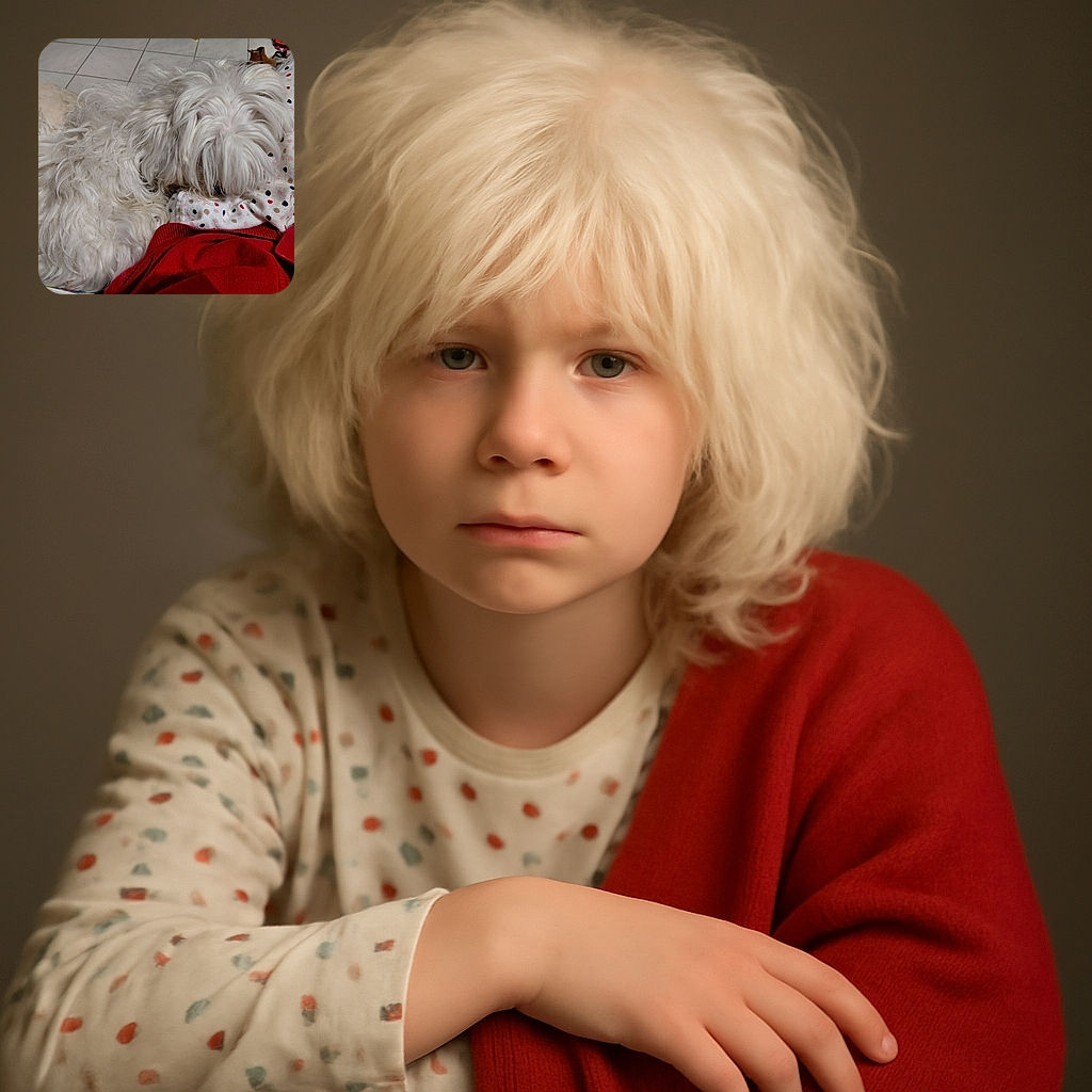 A fluffy white dog with long, wavy fur is curled up on a polka-dotted blanket and a red garment, blending cozily into the soft indoor setting with tiled flooring in the background.