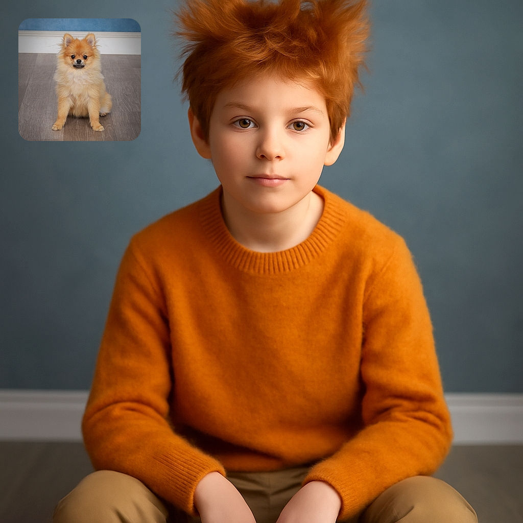 A fluffy Pomeranian puppy sits proudly on a wooden floor with a blue wall backdrop, looking straight at the camera with big, curious eyes and an adorable fluffy mane that makes it look like a tiny lion guarding the house.