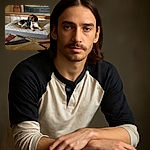 A calm dog lounges comfortably on a cozy dog bed in front of a fireplace, surrounded by a warm, homey setting with a patterned carpet and wooden accents.