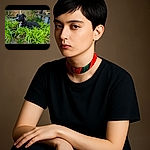 A sleek black dog with a white patch on its chest lounges comfortably in a lush garden bed filled with vibrant green plants. The dog wears a red collar and looks attentively to the side, surrounded by a peaceful outdoor setting with a brick wall and wooden bench in the background.