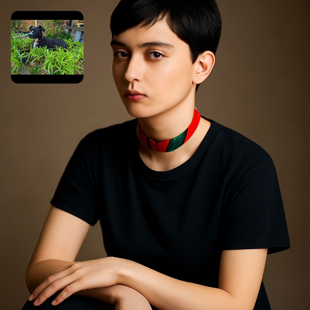 A sleek black dog with a white patch on its chest lounges comfortably in a lush garden bed filled with vibrant green plants. The dog wears a red collar and looks attentively to the side, surrounded by a peaceful outdoor setting with a brick wall and wooden bench in the background.