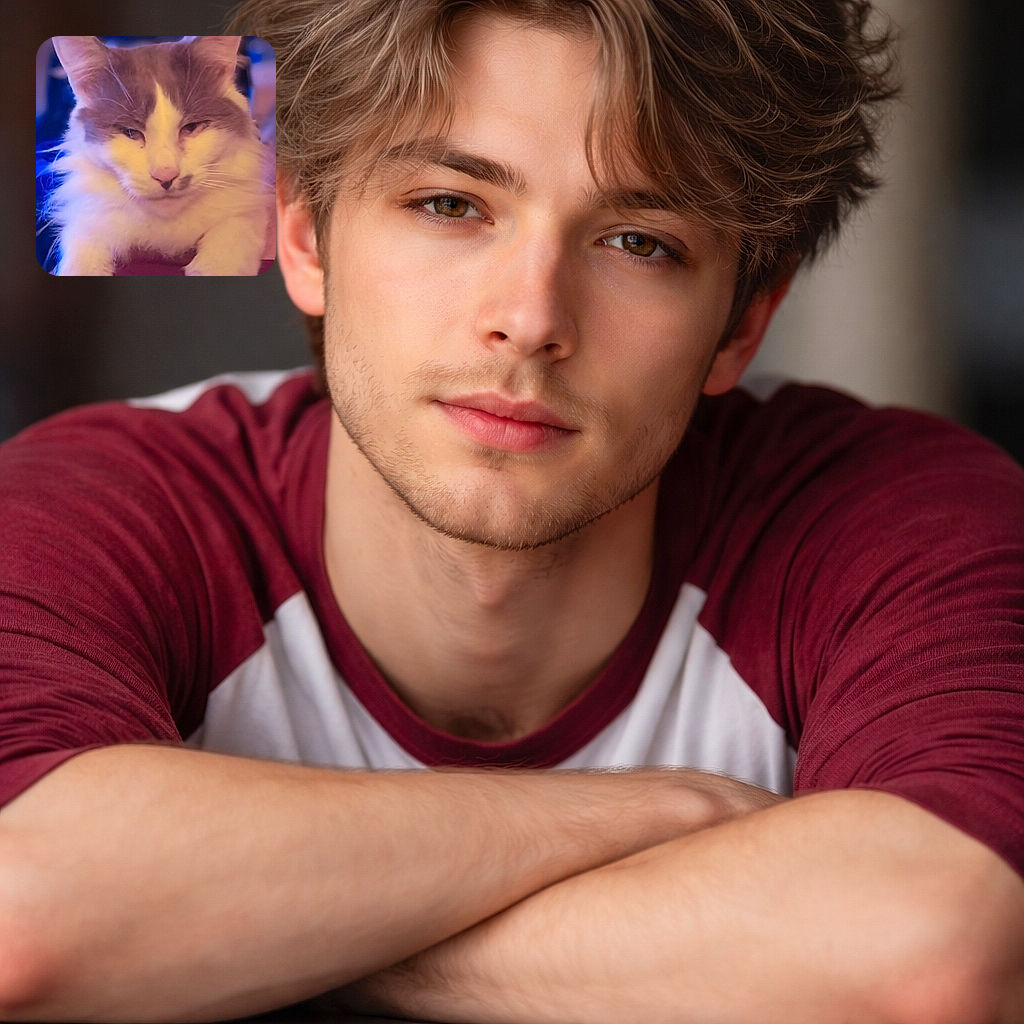 A fluffy long-haired cat stares at the camera with a mildly judgmental squint, pink nose front-and-center and paws draped over what looks like a lap. Soft purple-blue mood lighting and a creamy bokeh background give it a cozy, slightly dreamy vibe — like a regal roommate who expects snacks on schedule.