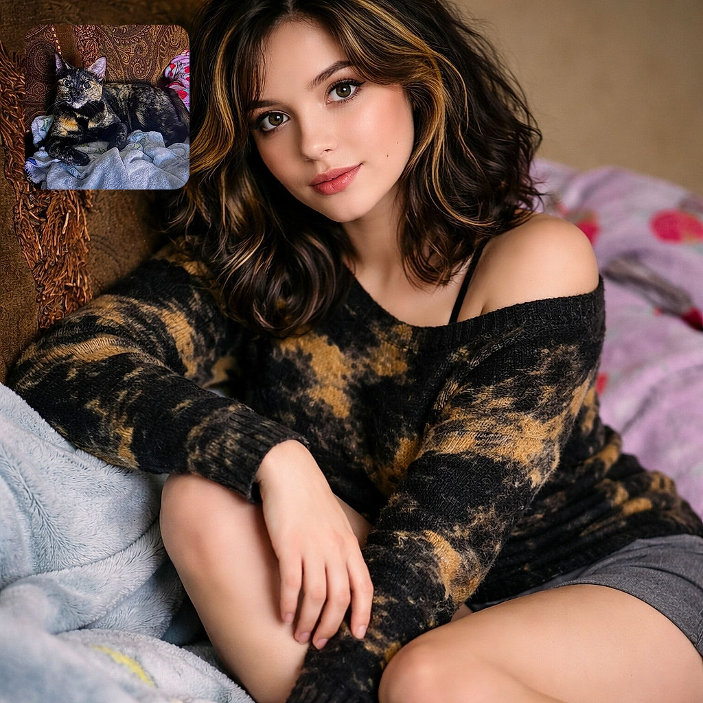 A striking tortoiseshell cat lounges regally on a pile of cozy blankets against an ornate patterned couch, eyes wide open as if guarding its plush kingdom with fierce curiosity.