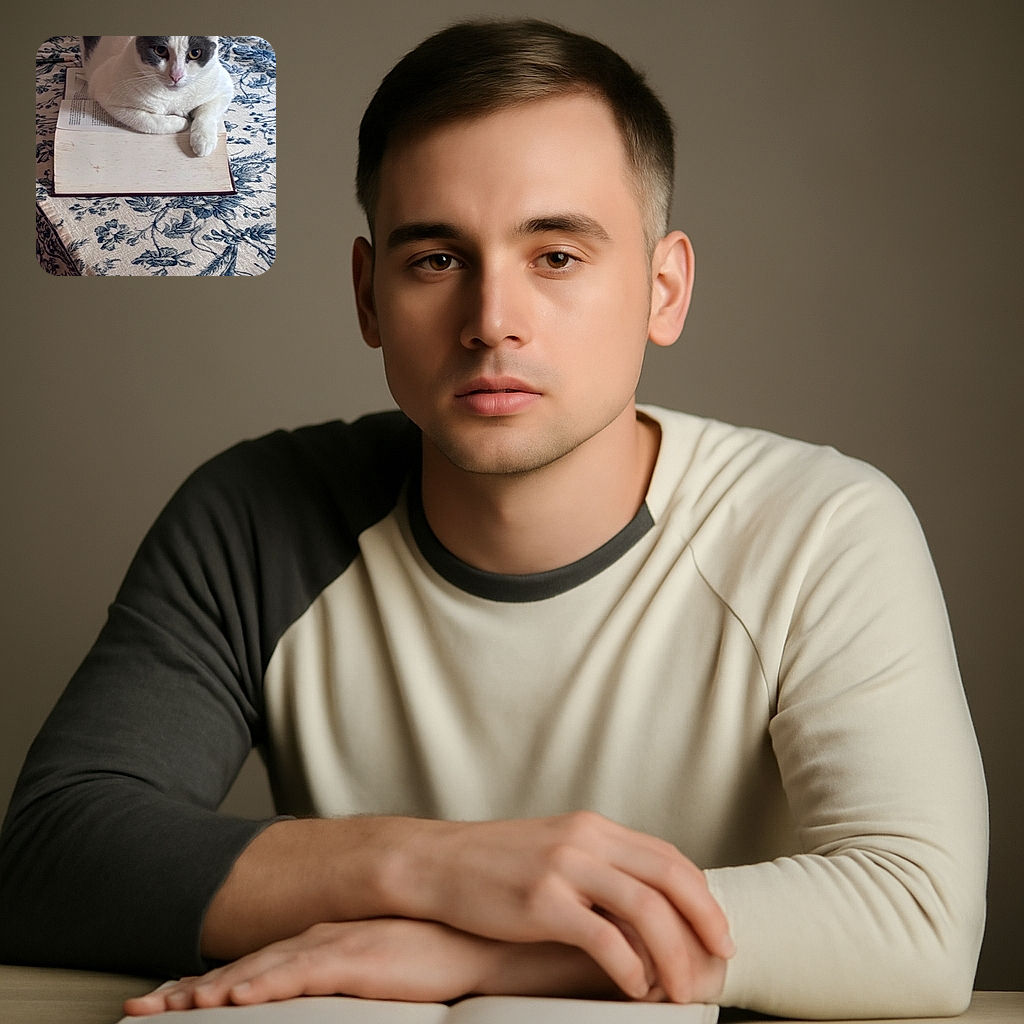 A curious cat lounges on an open book atop a floral-patterned tablecloth, looking directly at the camera with a relaxed yet attentive expression, as if guarding the secrets of the pages.