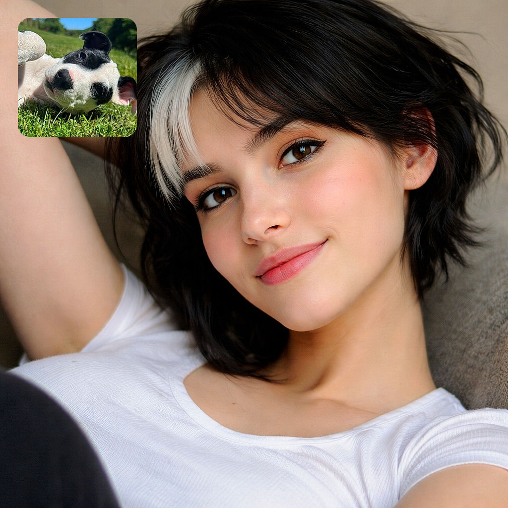 A playful black and white puppy lies on its back in lush green grass under a bright blue sky, looking curiously at the camera with one ear flopped over, capturing a joyful moment of puppy innocence and outdoor fun.