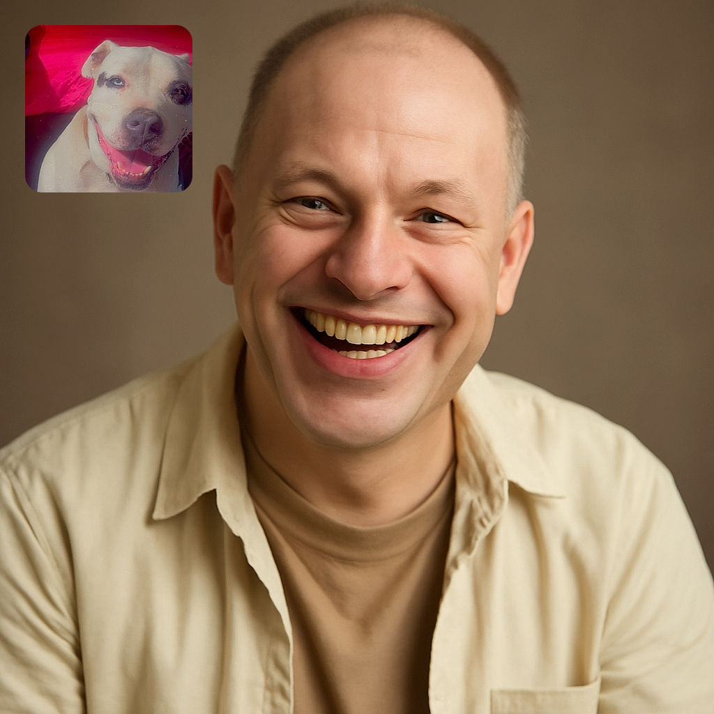 A happy dog with a light coat and a striking patch around one eye smiles widely in front of a bright red background, with tiny star-like sparkles adding a magical touch to the cozy indoor scene.