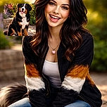 A charming Bernese Mountain Dog sits happily on a sunlit stone path, tongue out in a friendly smile, surrounded by a softly blurred garden with vibrant flowers and greenery glowing warmly in the golden hour light.