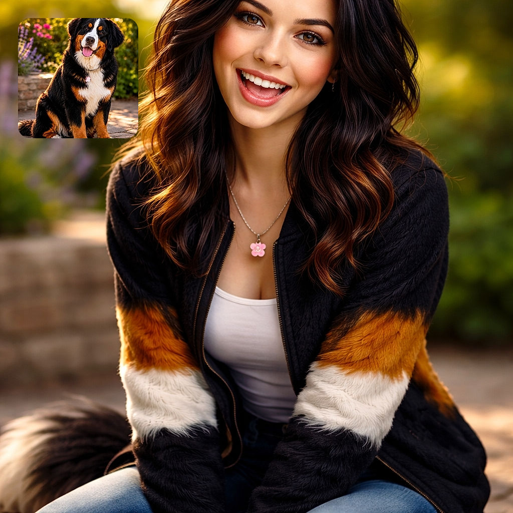 A charming Bernese Mountain Dog sits happily on a sunlit stone path, tongue out in a friendly smile, surrounded by a softly blurred garden with vibrant flowers and greenery glowing warmly in the golden hour light.